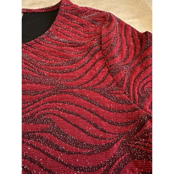 CHICO'S Womens Sz 1 Pull Over Sweater Red Glitter 3/4 Sleeve Leaf Floral Pattern - Picture 2 of 11